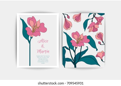 Alstroemeria wedding invitation card. Vector composition of pink flowers illustration. Save the date. Floral alstromeria background.