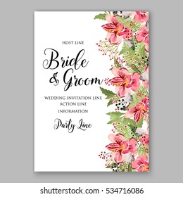 Alstroemeria Wedding Invitation tropical floral printable template. Bridal Shower bouquet privet berries, vector flower, illustration in vintage watercolor style