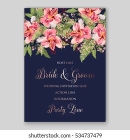 Alstroemeria Wedding Invitation tropical floral printable template. Bridal Shower bouquet privet berries, vector flower, illustration in vintage watercolor style
