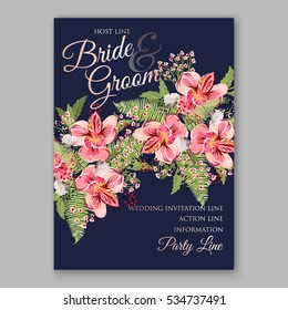 Alstroemeria Wedding Invitation tropical floral printable template. Bridal Shower bouquet privet berries, vector flower, illustration in vintage watercolor style