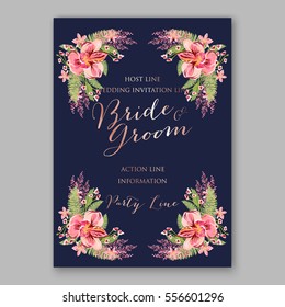 Alstroemeria Wedding Invitation tropical floral printable template. Bridal Shower bouquet privet berries, vector flower, illustration in vintage watercolor style