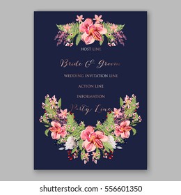 Alstroemeria Wedding Invitation tropical floral printable template. Bridal Shower bouquet privet berries, vector flower, illustration in vintage watercolor style