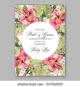 Alstroemeria Wedding Invitation tropical floral printable template. Bridal Shower bouquet privet berries, vector flower, illustration in vintage watercolor style