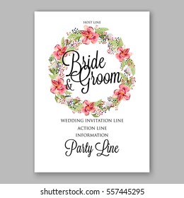 Alstroemeria Wedding Invitation tropical floral printable template. Bridal Shower bouquet privet berries, vector flower, illustration in vintage watercolor style