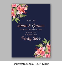 Alstroemeria Wedding Invitation tropical floral printable template. Bridal Shower bouquet privet berries, vector flower, illustration in vintage watercolor style