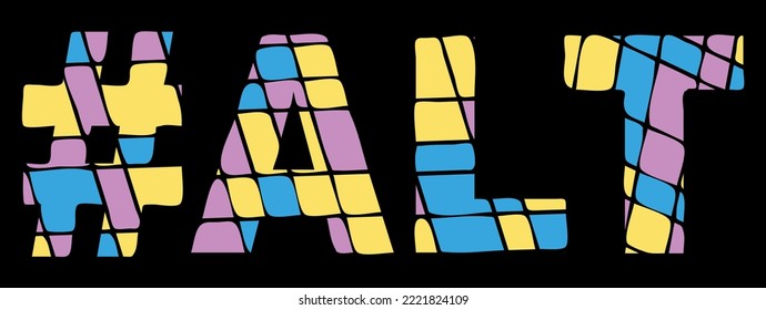 ALT Hashtag. Tricolor isolated letters from contrast flowing fluid shapes. Popular Hashtag #ALT for social networks, web resources, mobile applications, games, t-shirts. Stock vector picture.