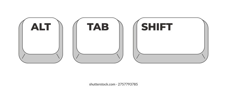 Alt Tab Shift grayscale keyboard hotkey. Navigate windows in reverse order. Cycle through apps backward. Minimal shortcut keys. Monochrome combination buttons for productivity. Vector illustration