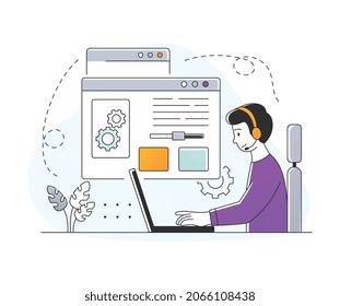 Alt tag optimization. Man works on laptop. Programmer developing application. Search for errors in code, identification of problems, speed of pages on Internet. Cartoon flat vector illustration