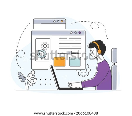 Alt tag optimization. Man works on laptop. Programmer developing application. Search for errors in code, identification of problems, speed of pages on Internet. Cartoon flat vector illustration