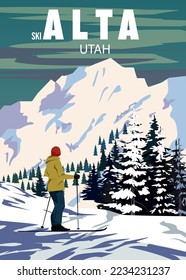 Alta Ski Travel resort poster vintage. Utah USA winter landscape travel card