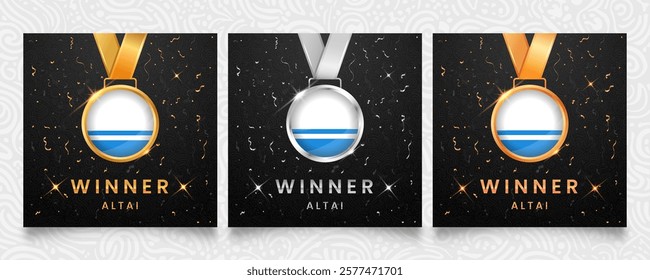 Altai Winner set. Medals featuring the flag design, displayed on a dark background with gold and silver confetti accents and sparkling highlights.