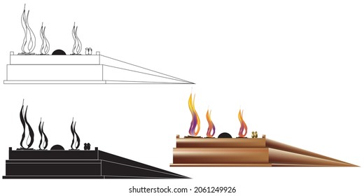 The Altar of burnt offering. A structure made of bronze, with three slopes. Bonfires and cans. One of the Jewish Temple vessels in Jerusalem. Vector painting for coloring, color and black silhouette. 