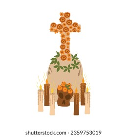 Altar cross for the day of the dead. Vector illustration. Altar decorated with candles, skull, marigold flowers. Mexican traditions "Dia de Muertos" 
