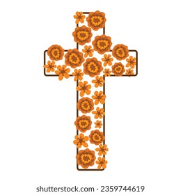 Altar cross on the Day of the Dead. Vector illustration. Daisy flowers on the cross. Mexican celebration of life and death. Silhouette of a cross. Separate element. marigold