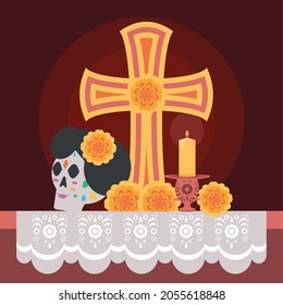 altar day of the dead with skull and cross