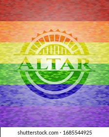 Altar emblem on mosaic background with the colors of the LGBT flag