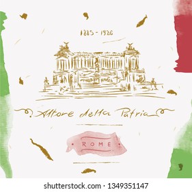 Altar of the Fatherland  1925 (Altare della Patria). Piazza Venezia. Vittorio Emanuele II in Rome, Italy.
Hand drawn. Good for printing, t-shirt prints, wallpaper, textile, engraving, cards - vector.