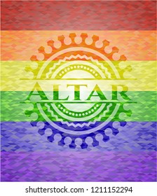 Altar on mosaic background with the colors of the LGBT flag