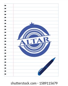 Altar pen emblem. Blue ink. Vector Illustration. Detailed.