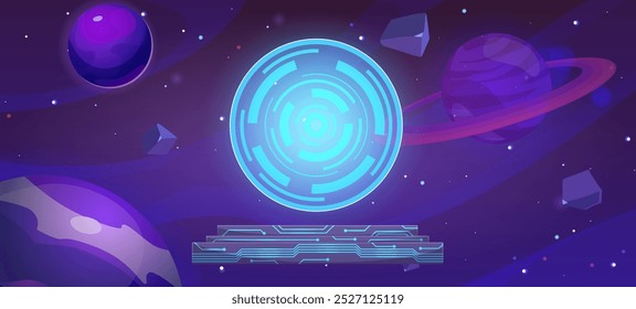 Altar, portal, pódio em estilo futurista de techno cibernético na paisagem espacial. Fundo de galáxia de jogo de vetor. Cartoon pedestal ou plataforma com círculo de circuito brilhante. Design cósmico digital de alta tecnologia da ficção científica