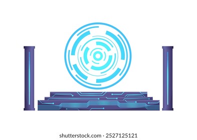 Altar, portal, pódio no estilo futurista do techno cibernético. Elementos digitais de alta tecnologia de ficção científica. Fundo de nível de jogo vetorial. Cartoon pedestal ou plataforma com circuito brilhante