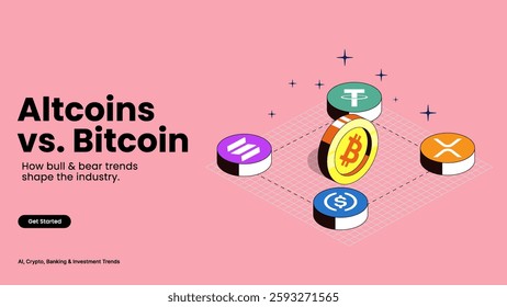Altcoins vs. Bitcoin – Alternative Cryptos and Market Leader Illustrated with Blockchain, Tokenomics, and Investment Trends | Crypto and Finance Vector Design