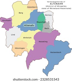 Altenahr verbandsgemeinde map of Ahrweiler district Rhineland-Palatinate state in Germany. Vectored. Colors shamrock, concrete, polo blue, drover, orchid, silver, caramel