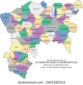 Altenkirchen-Flammersfeld verbandsgemeinde map of Altenkirchen district Rhineland-Palatinate (Rheinland-Pfalz) state in Germany. Vectored. Retro colors