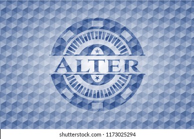 Alter  blue emblem or badge with abstract geometric pattern background.