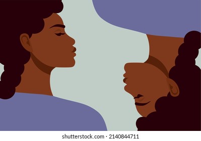 Alter ego. An arrogant African-American girl, a woman looks at another self. Psychoanalysis. flat vector illustration on a banner or advertisement.