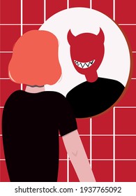 Alter ego  Internal demons  Self  knowledge  The girl looks in the mirror in the bathroom  but sees the devil in the reflection  Flat vector illustration  Psychological problems