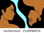 Alter ego. Sad girl, face in profile. A woman cries and looks at herself happy. Sadness and happiness, split personality. Vector illustration in a flat style.
