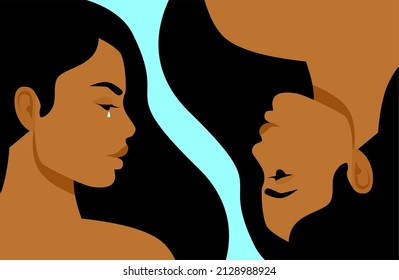Alter ego. Sad girl, face in profile. A woman cries and looks at herself happy. Sadness and happiness, split personality. Vector illustration in a flat style.