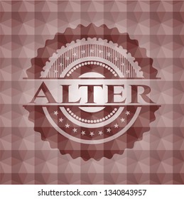 Alter  red emblem or badge with abstract geometric pattern background. Seamless.
