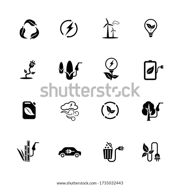 Alterantive energy icons set. Universal green\
energy icons to use for web and mobile UI, set of basic green\
energy elements.
