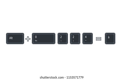 Alternate (Alt)+0224 = à, computer key button vector isolated on white background. Alt plus zero, two, two, four equal à.