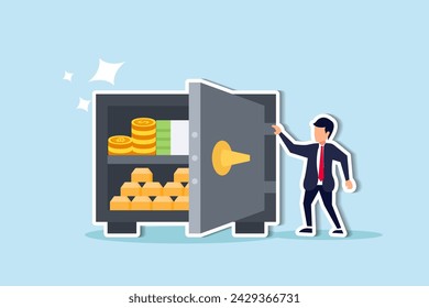 Alternate financial assets Bitcoin, cash, gold for retirement investment plan concept, businessman investor standing with security safe with full of cash, gold and bitcoin inside