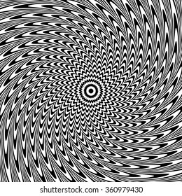 Alternating black and white lines with circular, spiral distortion. Abstract monochrome background. Editable vector.