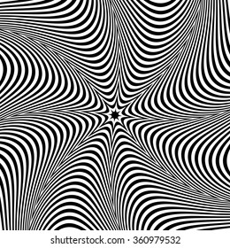 Alternating black and white lines with circular, spiral distortion. Abstract monochrome background. Editable vector.