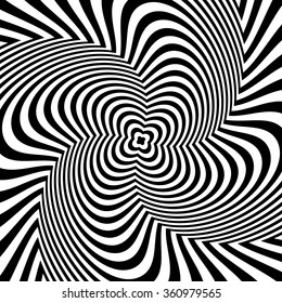 Alternating black and white lines with circular, spiral distortion. Abstract monochrome background. Editable vector.