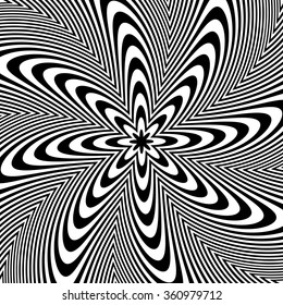 Alternating black and white lines with circular, spiral distortion. Abstract monochrome background. Editable vector.