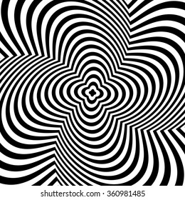 Alternating black and white lines with circular, spiral distortion. Abstract monochrome background. Editable vector.