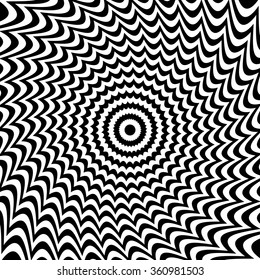 Alternating black and white lines with circular, spiral distortion. Abstract monochrome background. Editable vector.