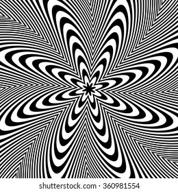 Alternating black and white lines with circular, spiral distortion. Abstract monochrome background. Editable vector.