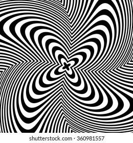 Alternating black and white lines with circular, spiral distortion. Abstract monochrome background. Editable vector.