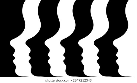 Alternating black and white silhouettes of faces in profile in a row. Optical illusion. Surreal image of the crowd. The concept of uniformity and mass character. Contrast, monochrome vector.