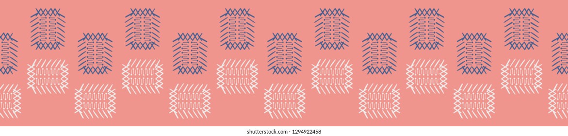 Alternating hand drawn shapes, similar to a japanese basket design, seamless vector border design. Coral background with blue and off white. Great for cards, stationery,  fabric and home decor.