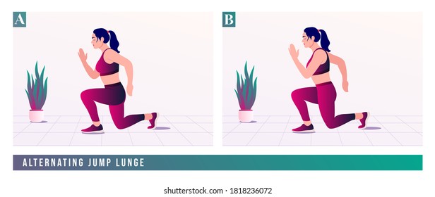Alternating Jump Lunge exercise, Women workout fitness, aerobic and exercises. Vector Illustration.	