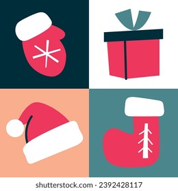 Alternating texture pattern. Set of Christmas attributes. Seamless pattern with boots, mittens, gifts and Santa hat. Vector illustration in flat style.