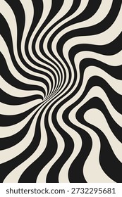 Alternating wavy lines converge to a central point creating a spiral illusion of depth and motion on a flat surface